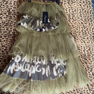 Olive Green Worded Tulle Skirt